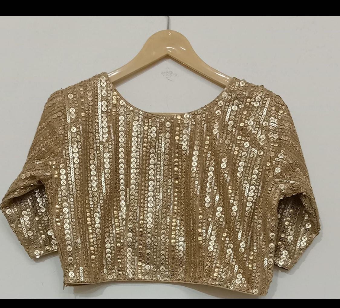 Gold Sequin Blouse Custom Made for Saree Lehenga Indian Designer Crop Top Women Made to Measure Plus Size