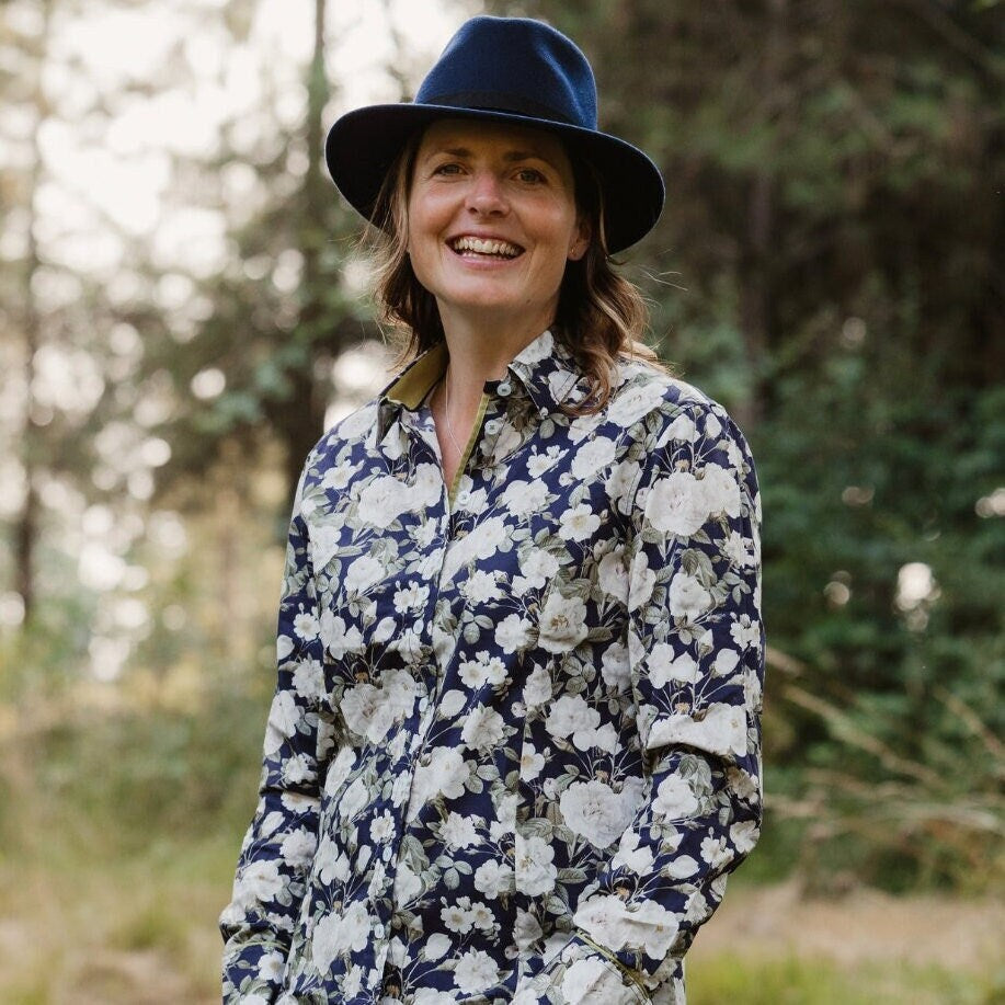 Ladies Grenouille Navy Rose Shirt: Long Sleeve Cotton Blouse