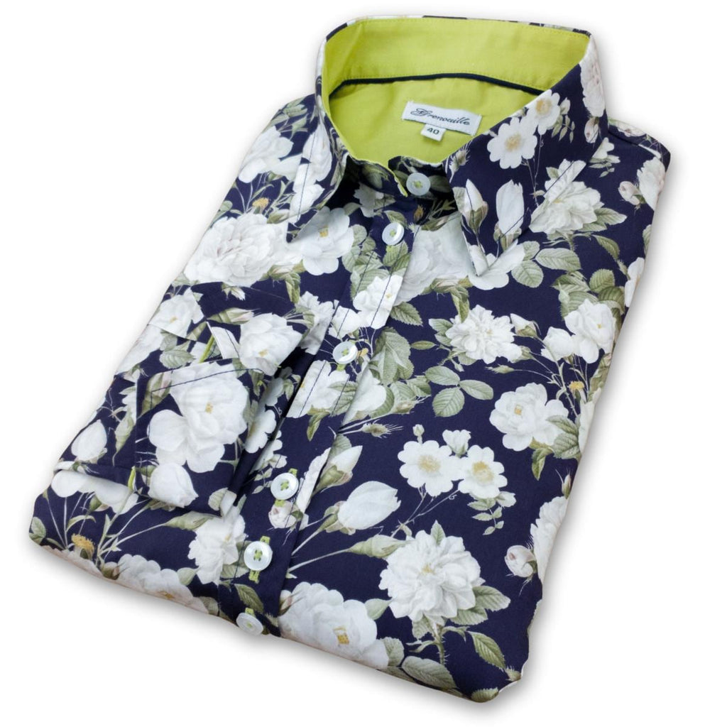 Ladies Grenouille Navy Rose Shirt: Long Sleeve Cotton Blouse