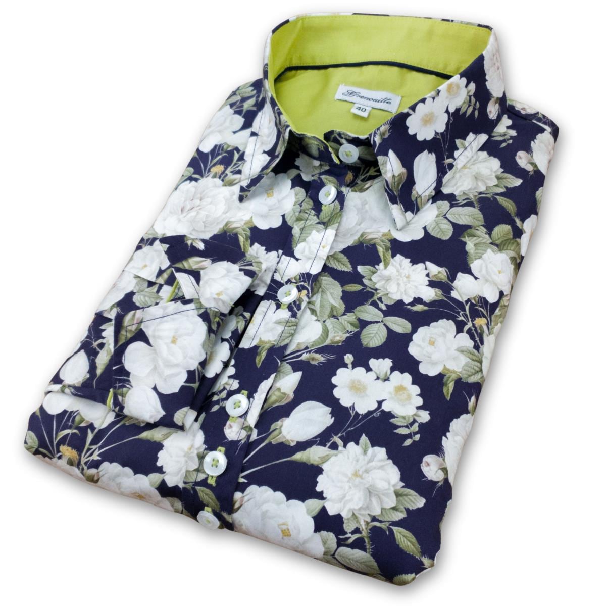 Ladies Grenouille Navy Rose Shirt: Long Sleeve Cotton Blouse