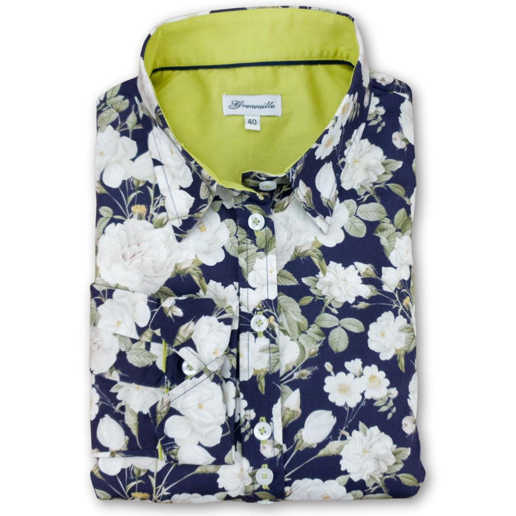 Ladies Grenouille Navy Rose Shirt: Long Sleeve Cotton Blouse