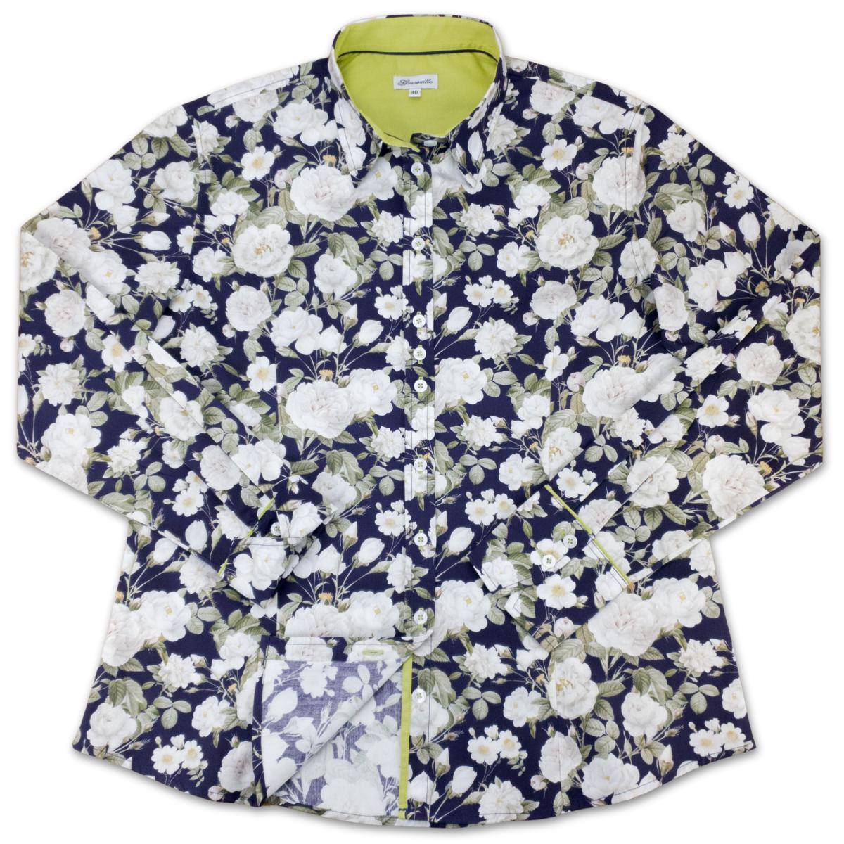 Ladies Grenouille Navy Rose Shirt: Long Sleeve Cotton Blouse