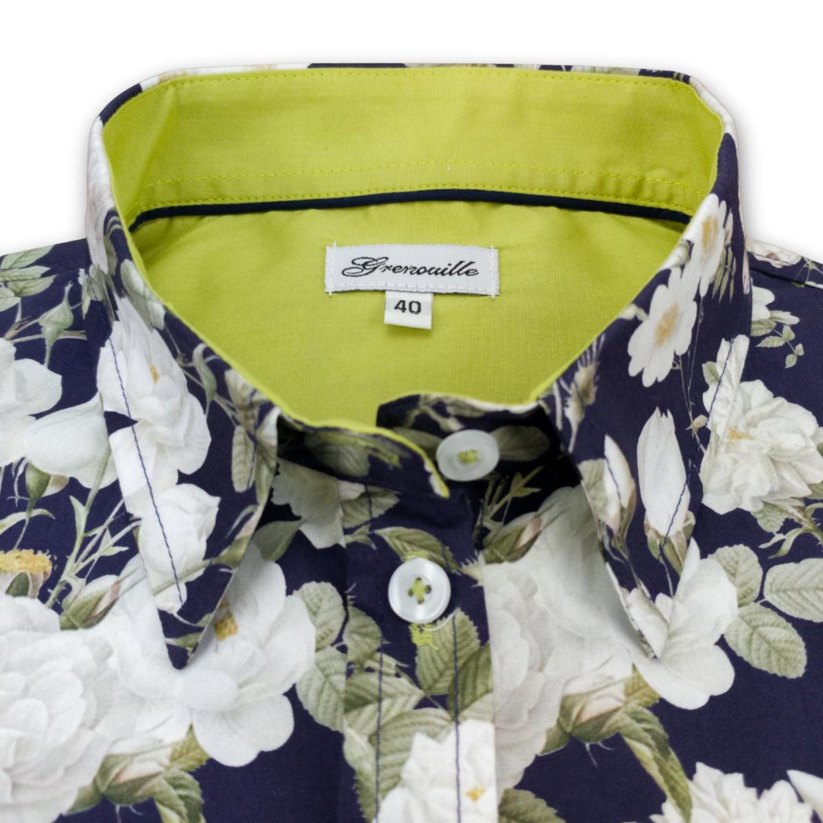 Ladies Grenouille Navy Rose Shirt: Long Sleeve Cotton Blouse