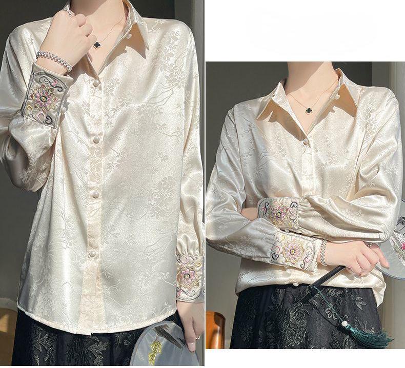 Elegant Women's Satin Blouse with Embroidered Floral Cuffs - Vintage Chic Long Sleeve Shirt– Luxury Satin ButtonUp Shirt– Tallas large L-5XL
