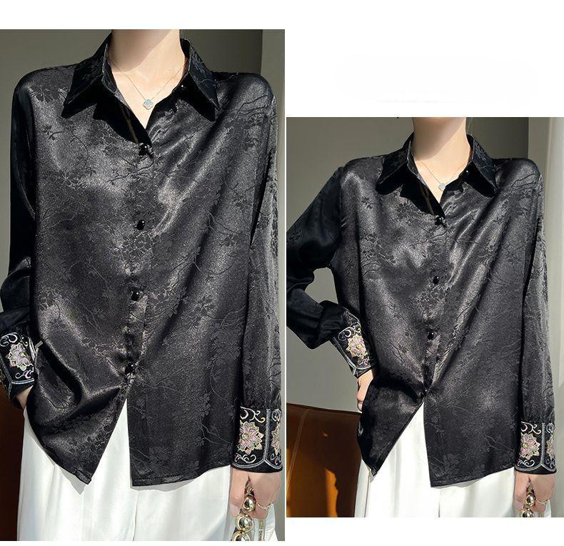 Elegant Women's Satin Blouse with Embroidered Floral Cuffs - Vintage Chic Long Sleeve Shirt– Luxury Satin ButtonUp Shirt– Tallas large L-5XL