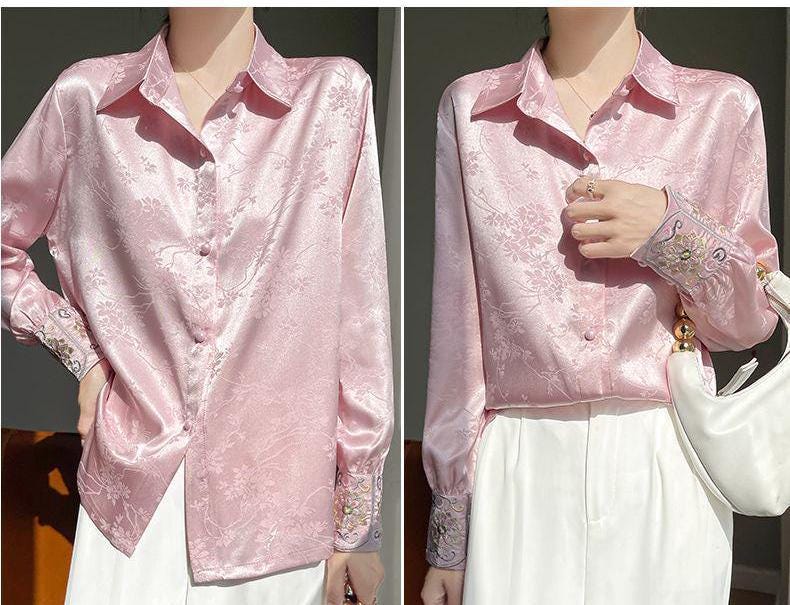 Elegant Women's Satin Blouse with Embroidered Floral Cuffs - Vintage Chic Long Sleeve Shirt– Luxury Satin ButtonUp Shirt– Tallas large L-5XL