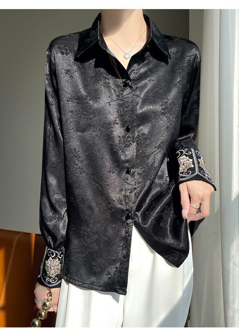 Elegant Women's Satin Blouse with Embroidered Floral Cuffs - Vintage Chic Long Sleeve Shirt– Luxury Satin ButtonUp Shirt– Tallas large L-5XL
