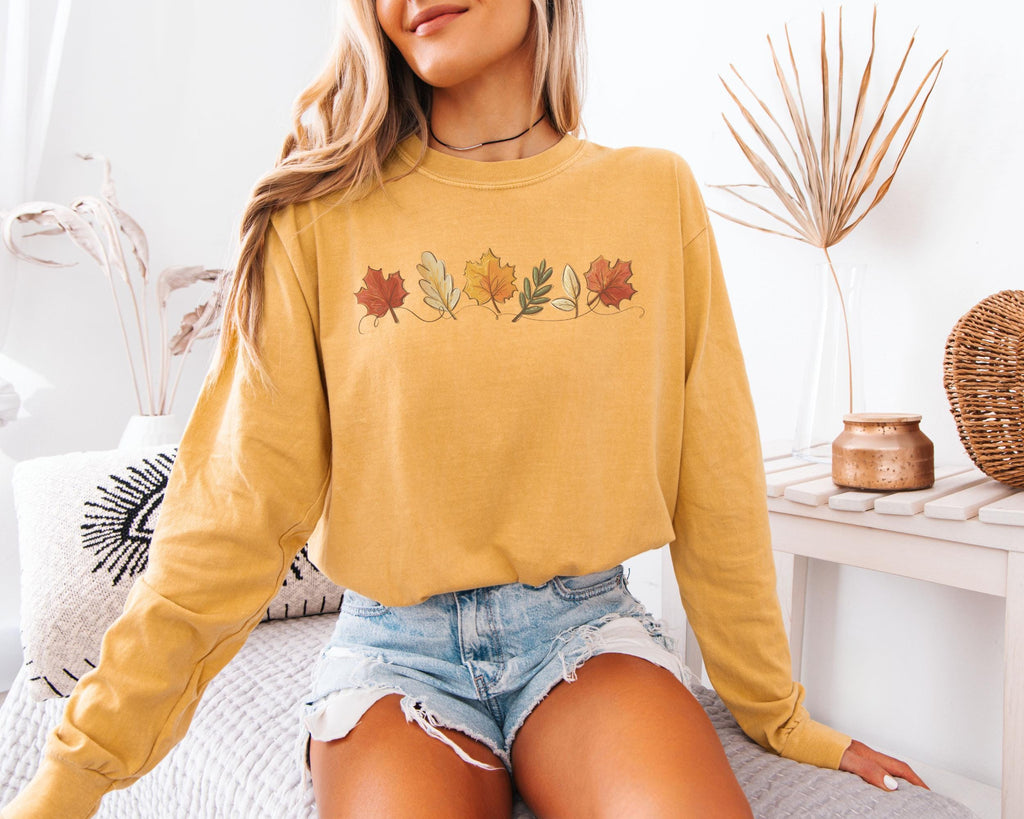Long Sleeve Fall Shirt for women, Comfort Colors Autumn Tee Shirt with Leaves Design and Long Sleeves