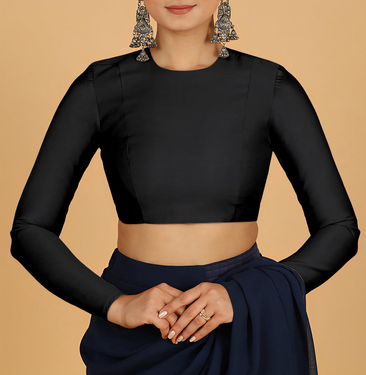 Full Sleeves Saree Blouse Raven Black Blouse Cotton Blouse Formal Blouse Casual Blouse Round Neck Blouse for Saree Blouse for Lehnga Blouse