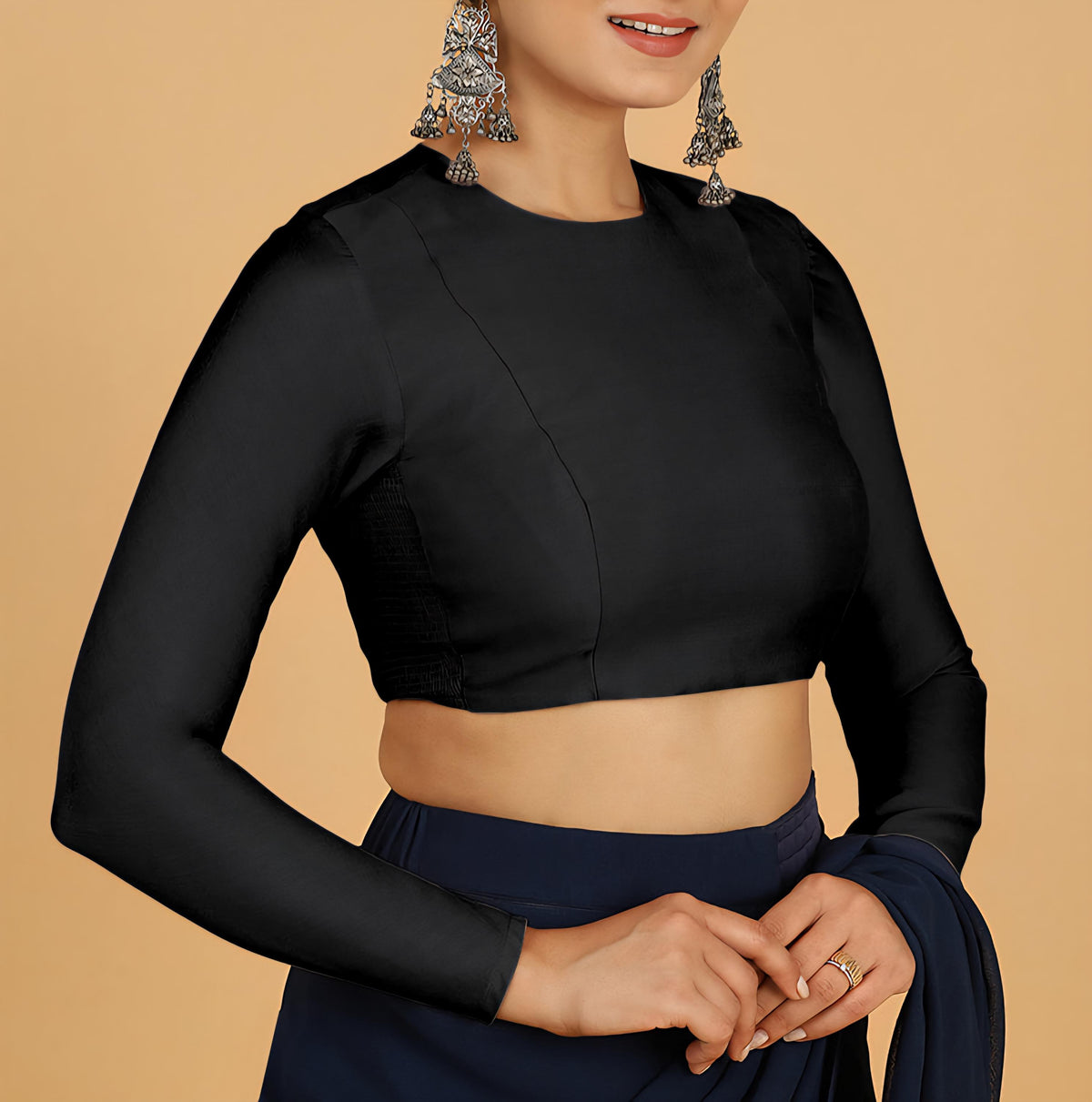 Full Sleeves Saree Blouse Raven Black Blouse Cotton Blouse Formal Blouse Casual Blouse Round Neck Blouse for Saree Blouse for Lehnga Blouse