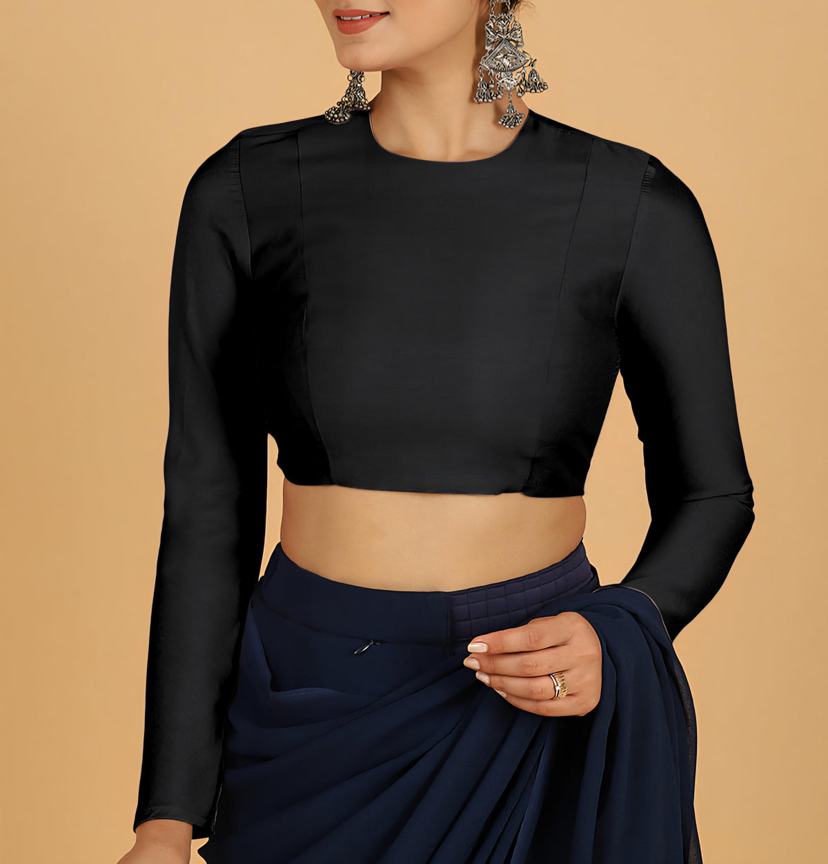 Full Sleeves Saree Blouse Raven Black Blouse Cotton Blouse Formal Blouse Casual Blouse Round Neck Blouse for Saree Blouse for Lehnga Blouse
