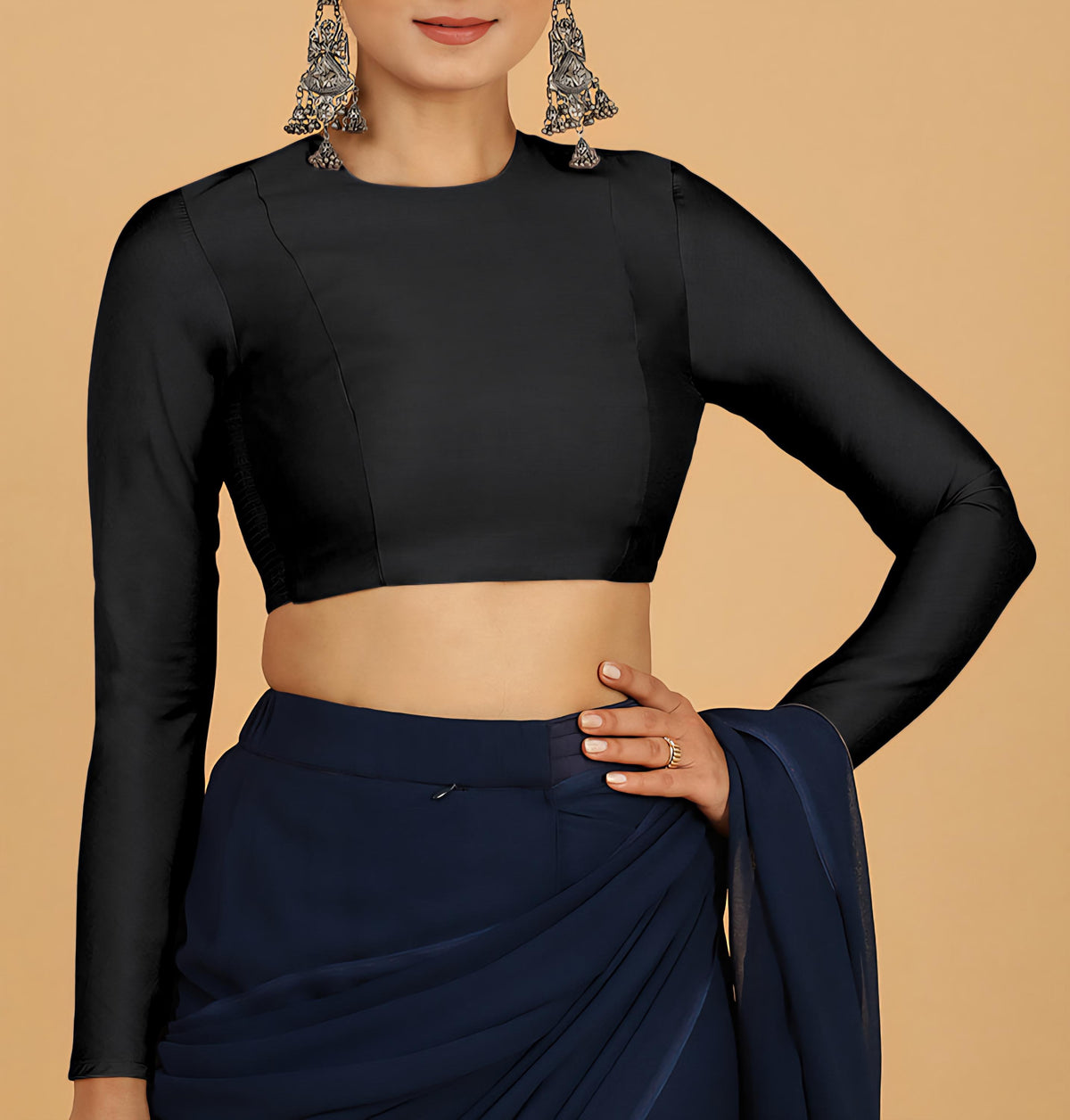Full Sleeves Saree Blouse Raven Black Blouse Cotton Blouse Formal Blouse Casual Blouse Round Neck Blouse for Saree Blouse for Lehnga Blouse
