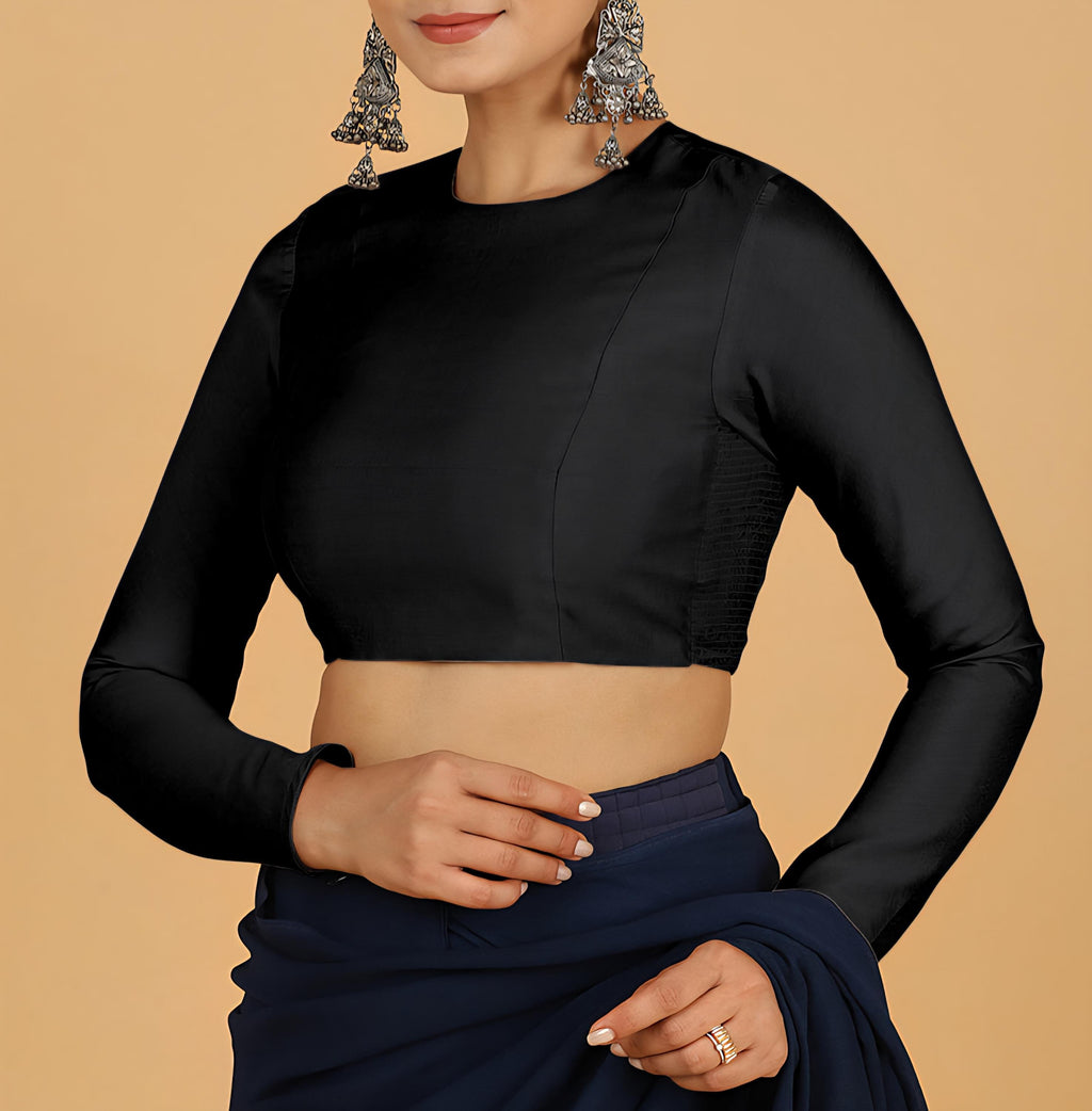 Full Sleeves Saree Blouse Raven Black Blouse Cotton Blouse Formal Blouse Casual Blouse Round Neck Blouse for Saree Blouse for Lehnga Blouse
