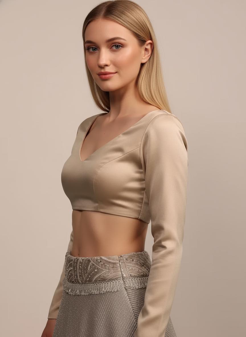 Cream Satin Round V-Neck Blouse with Long Sleeves, Made to Order Handmade