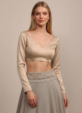 Cream Satin Round V-Neck Blouse with Long Sleeves, Made to Order Handmade