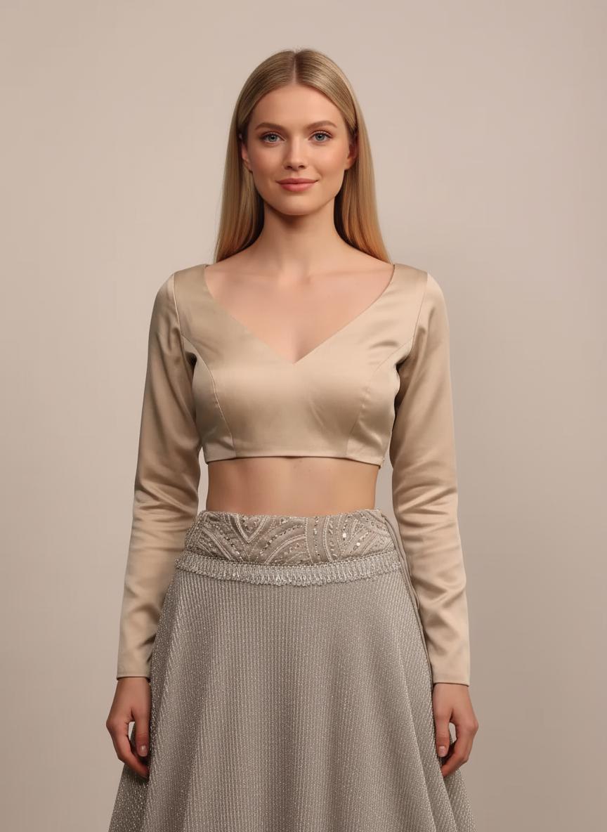 Cream Satin Round V-Neck Blouse with Long Sleeves, Made to Order Handmade