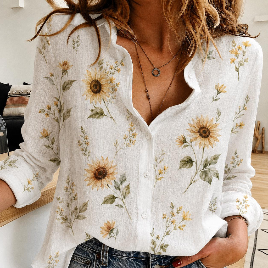 Sunflower Floral Blouse Shirt, Wildflower Blouse Top, Vintage Cottagecore Long Sleeve Shirt, Botanical Sunflower Outfit, Gift For Her