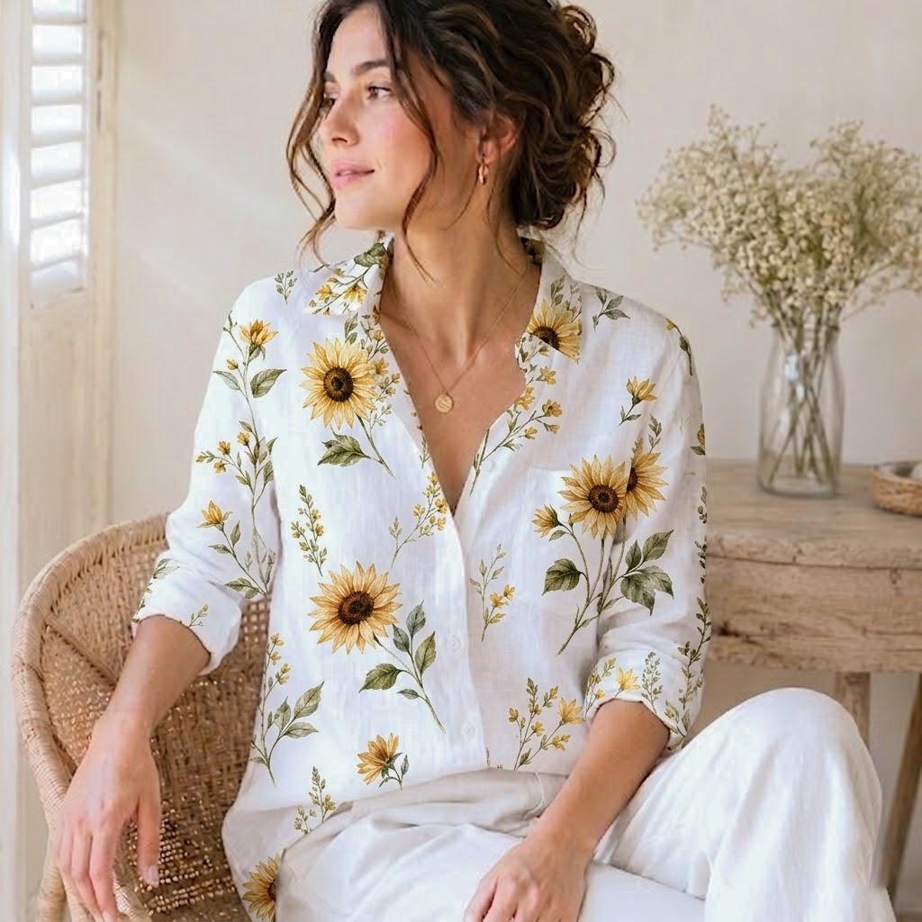 Sunflower Floral Blouse Shirt, Wildflower Blouse Top, Vintage Cottagecore Long Sleeve Shirt, Botanical Sunflower Outfit, Gift For Her
