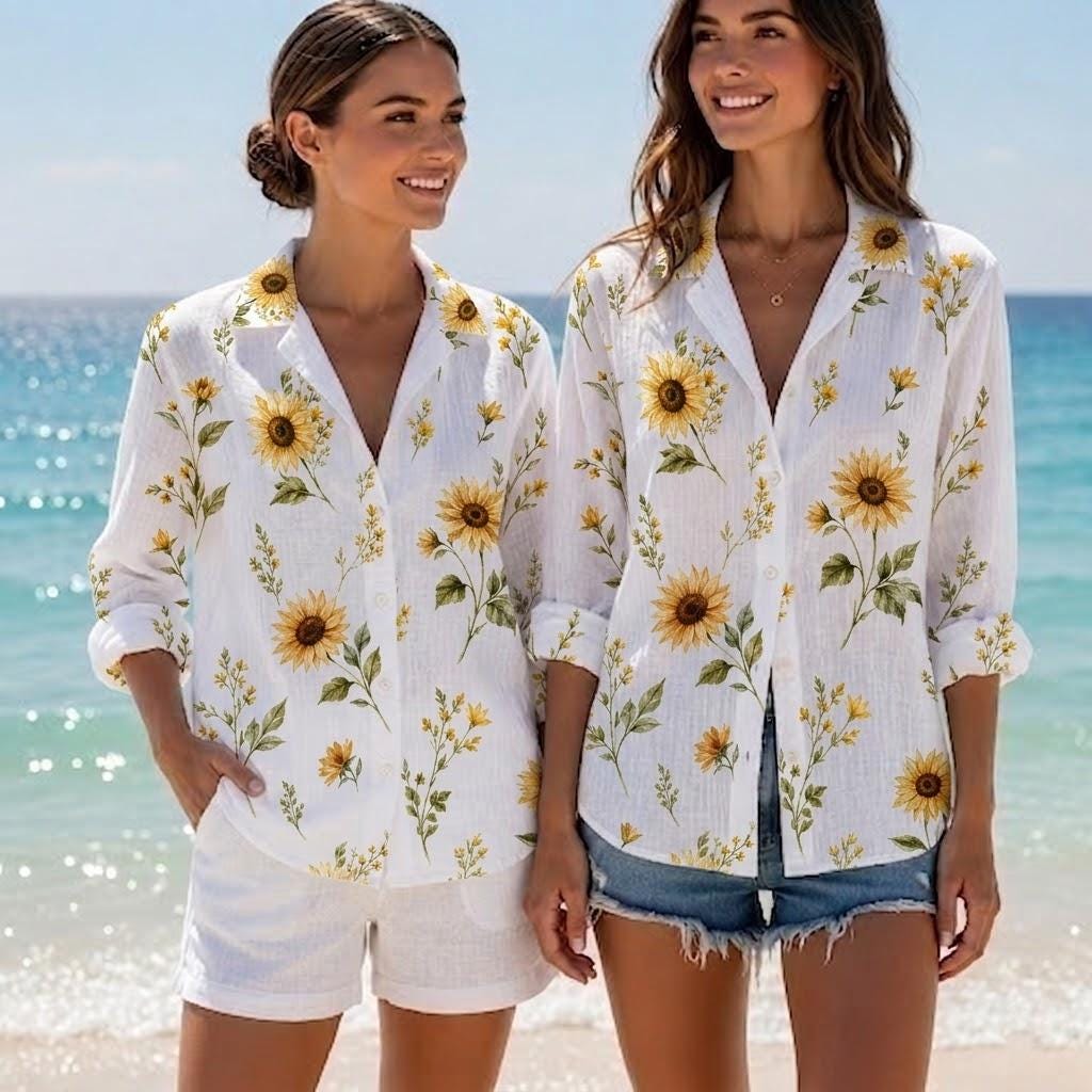 Sunflower Floral Blouse Shirt, Wildflower Blouse Top, Vintage Cottagecore Long Sleeve Shirt, Botanical Sunflower Outfit, Gift For Her