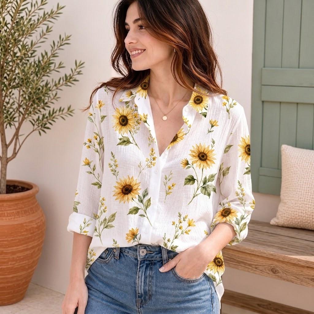 Sunflower Floral Blouse Shirt, Wildflower Blouse Top, Vintage Cottagecore Long Sleeve Shirt, Botanical Sunflower Outfit, Gift For Her