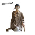 Vintage Linen Style Women Blouse Loose Fit Long Sleeve Casual Stand Collar Shirt Top