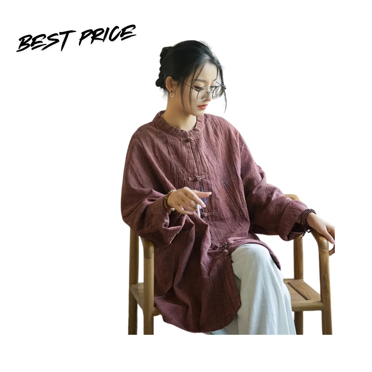 Vintage Linen Style Women Blouse Loose Fit Long Sleeve Casual Stand Collar Shirt Top