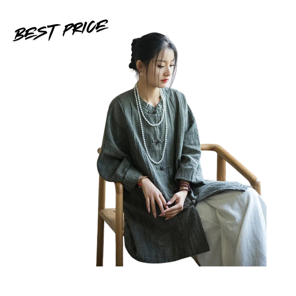 Vintage Linen Style Women Blouse Loose Fit Long Sleeve Casual Stand Collar Shirt Top