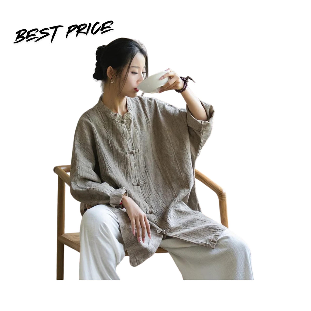 Vintage Linen Style Women Blouse Loose Fit Long Sleeve Casual Stand Collar Shirt Top