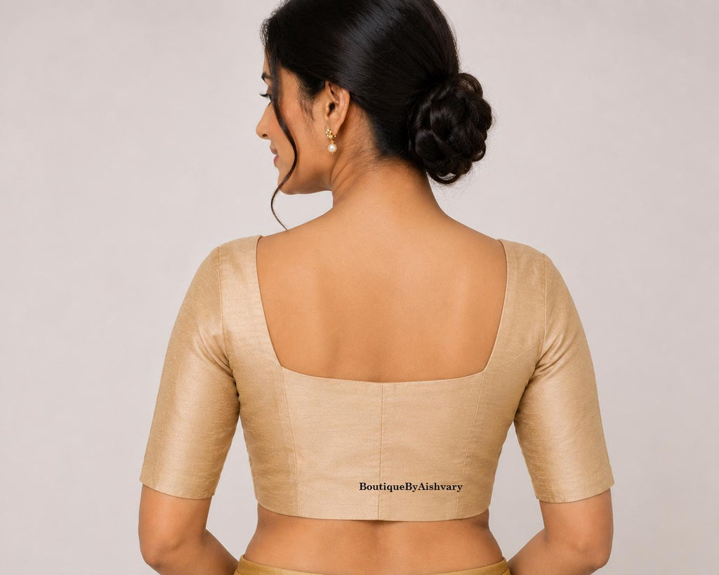 Gold readymade saree blouse, square neck choli, half sleeves, front open hooks, padded lined blouse, party wear top for sari