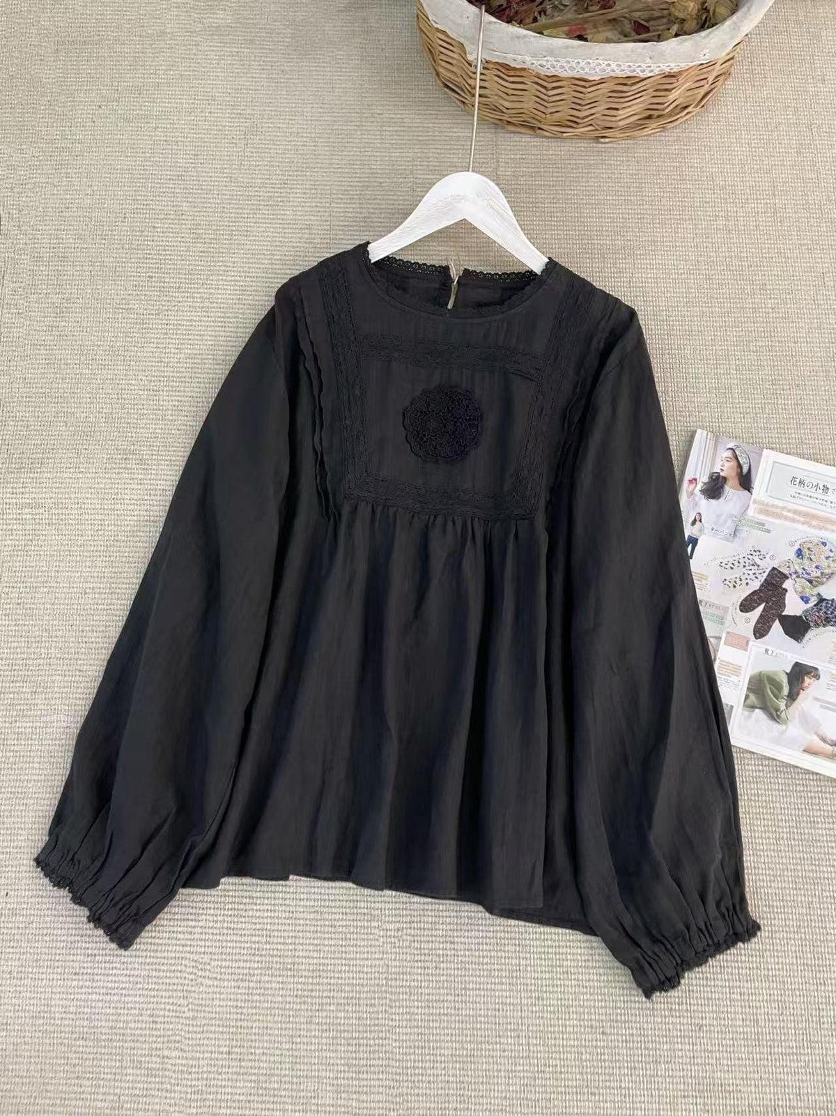 2026 autume Linen Blouse for Women, Romantic Top, Vintage Inspired Lace Shirt,  Loose Fit Natural Linen Clothing, long sleeves