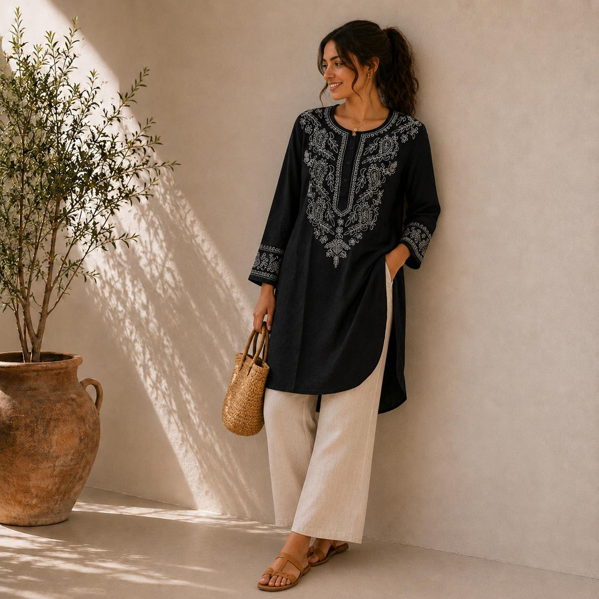 Women's Embroidered Cotton Tunic Top | Casual Boho Blouse | Lightweight Long Sleeve Shirt