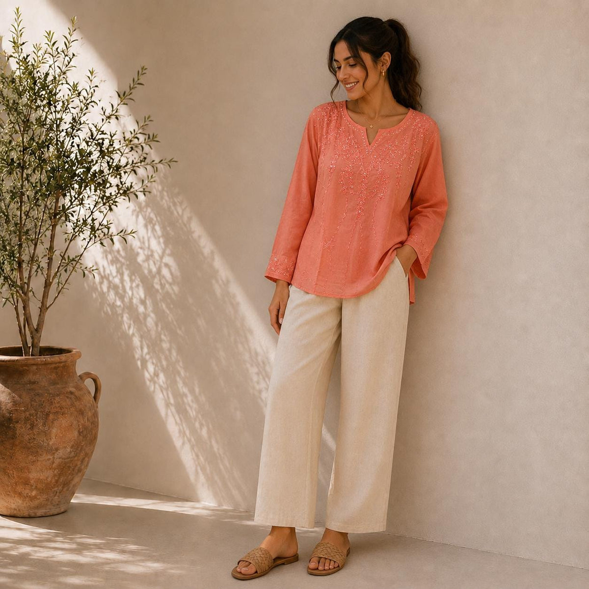 Women's Embroidered Cotton Tunic Top | Casual Boho Blouse | Lightweight Long Sleeve Shirt