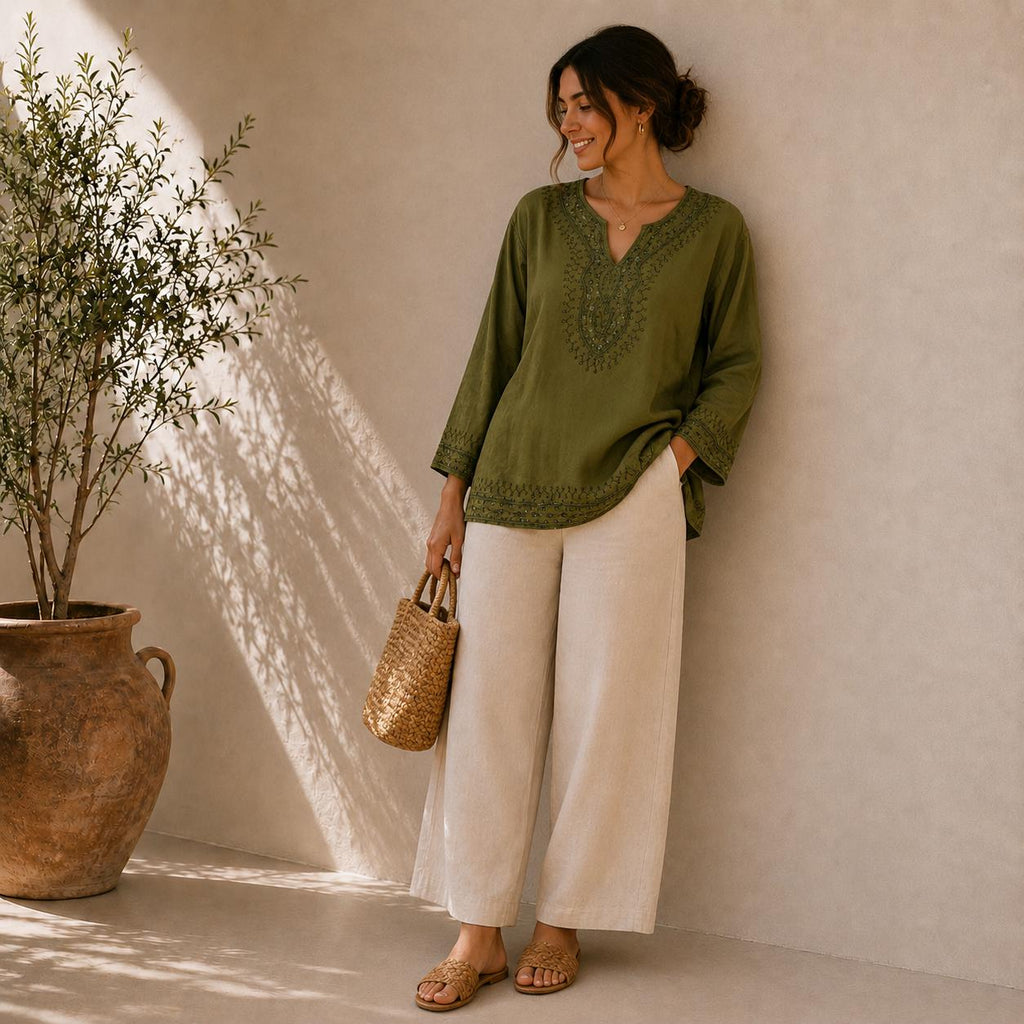 Women's Embroidered Cotton Tunic Top | Casual Boho Blouse | Lightweight Long Sleeve Shirt