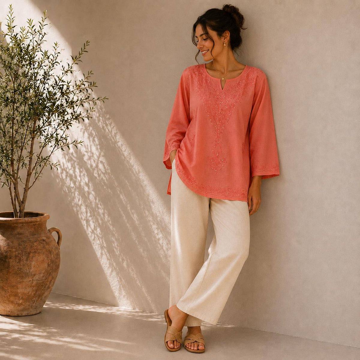 Women's Embroidered Cotton Tunic Top | Casual Boho Blouse | Lightweight Long Sleeve Shirt