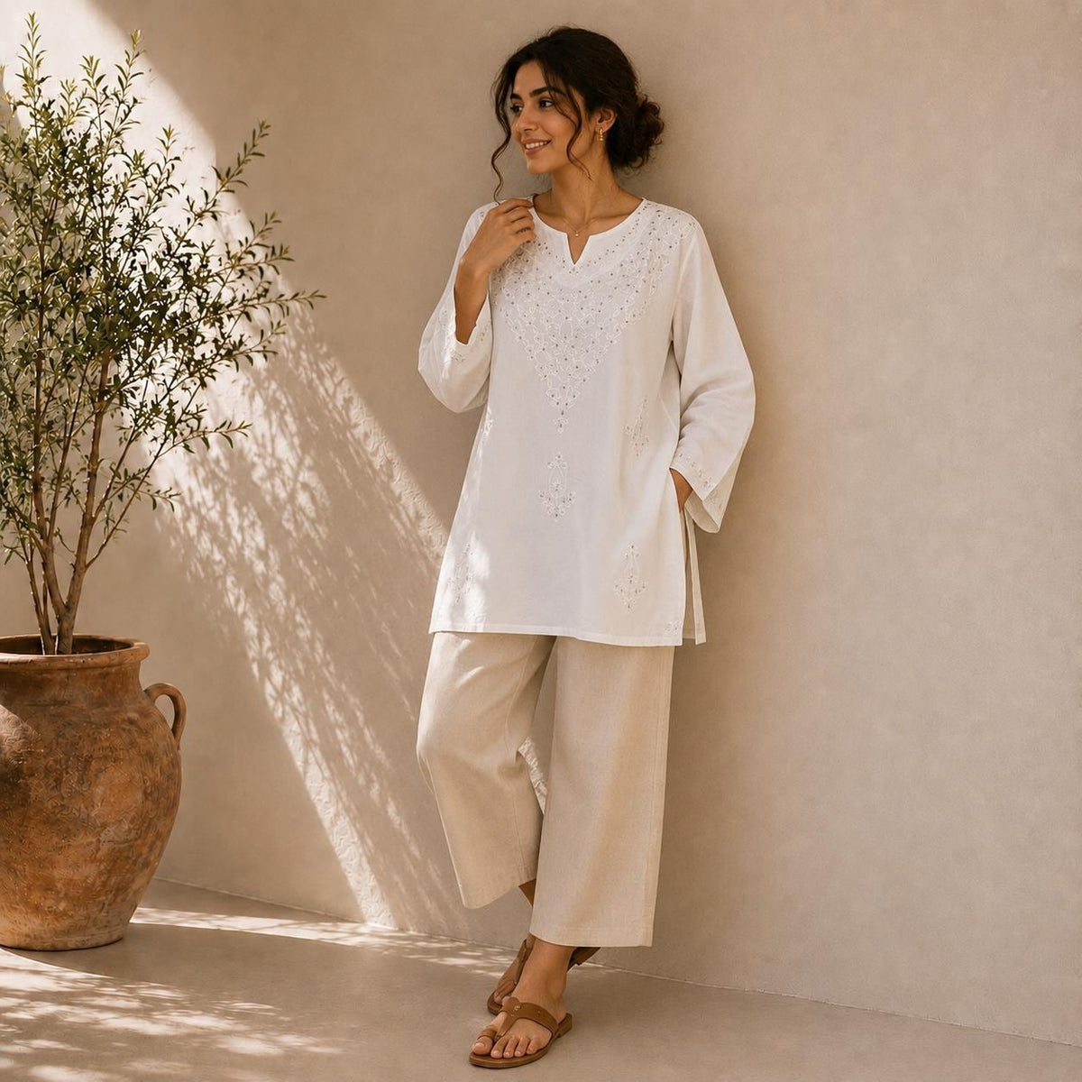 Women's Embroidered Cotton Tunic Top | Casual Boho Blouse | Lightweight Long Sleeve Shirt