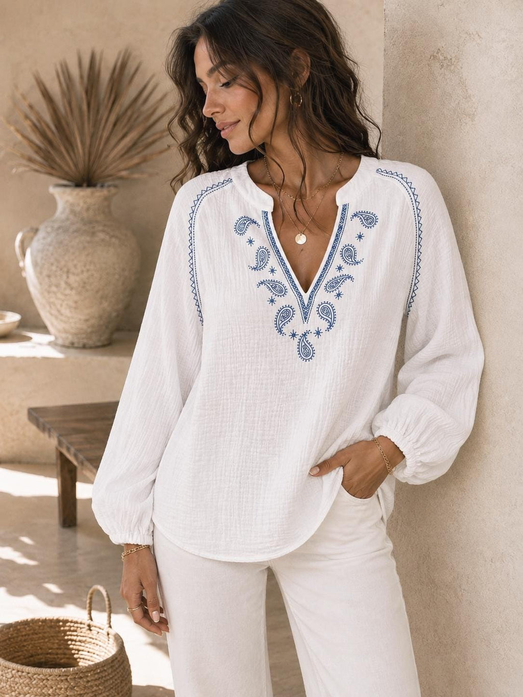 Embroidered Cotton Blouse, Paisley V-Neck, Long Balloon Sleeve Top (Sage)