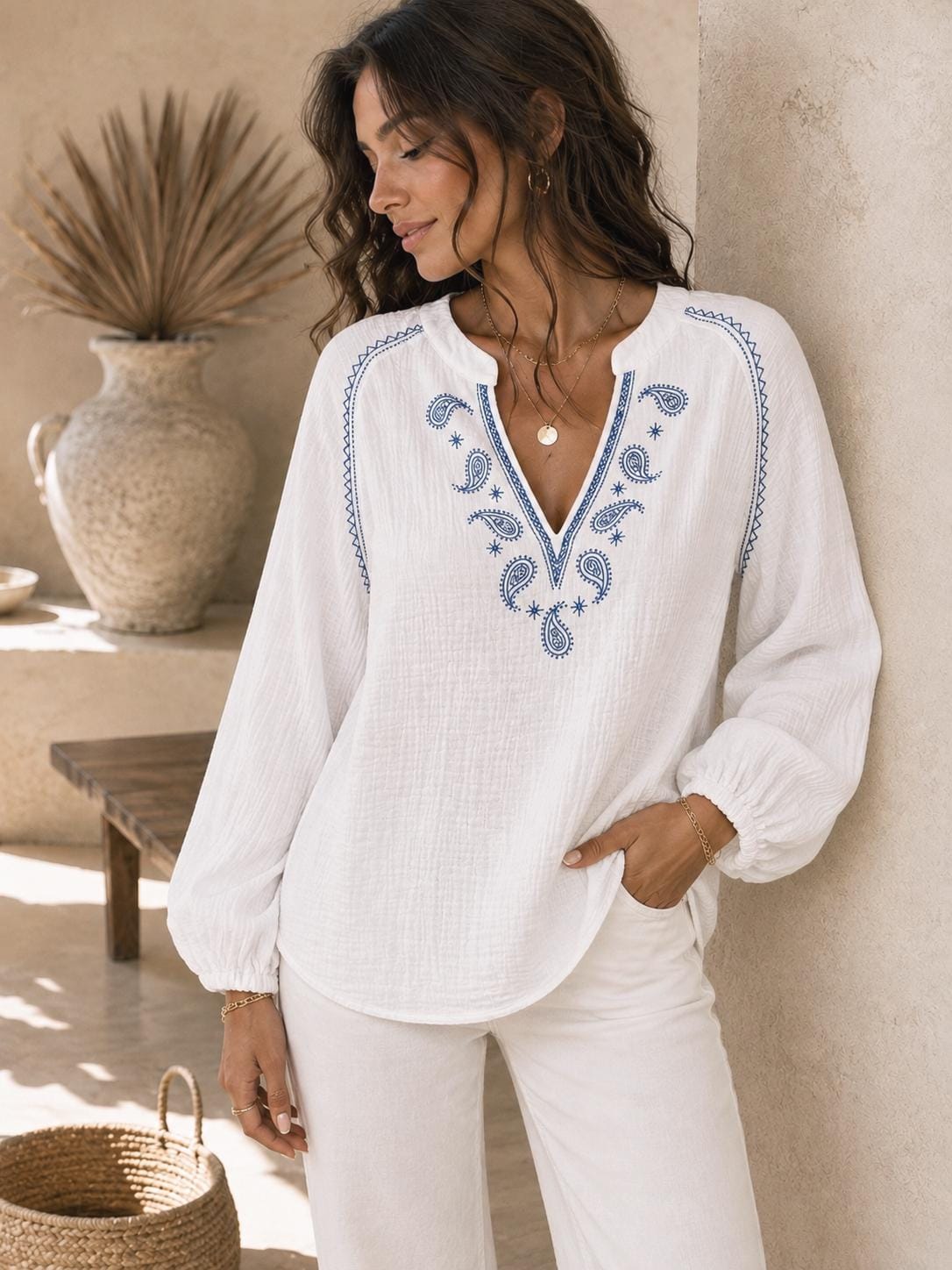 Embroidered Cotton Blouse, Paisley V-Neck, Long Balloon Sleeve Top (Sage)