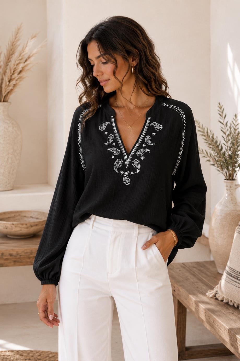 Embroidered Cotton Blouse, Paisley V-Neck, Long Balloon Sleeve Top (Sage)