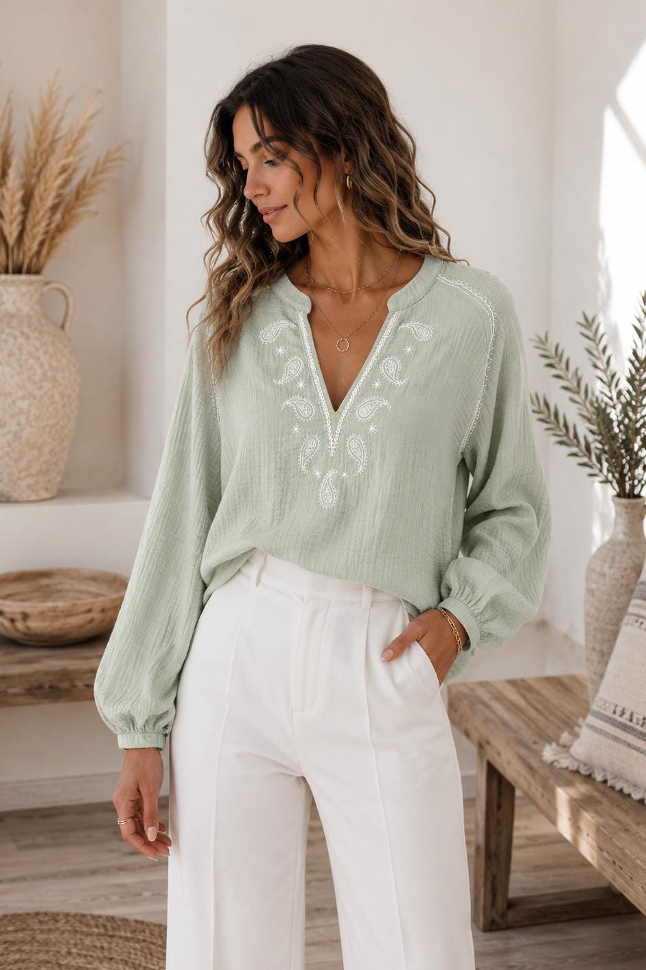 Embroidered Cotton Blouse, Paisley V-Neck, Long Balloon Sleeve Top (Sage)