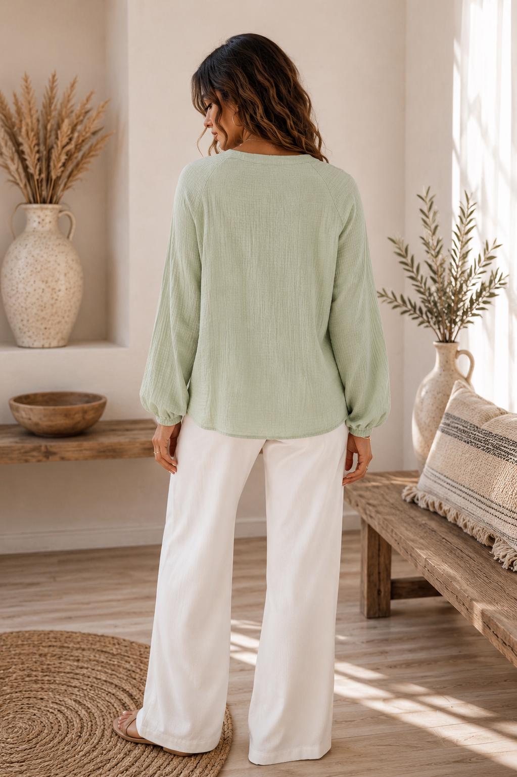 Embroidered Cotton Blouse, Paisley V-Neck, Long Balloon Sleeve Top (Sage)