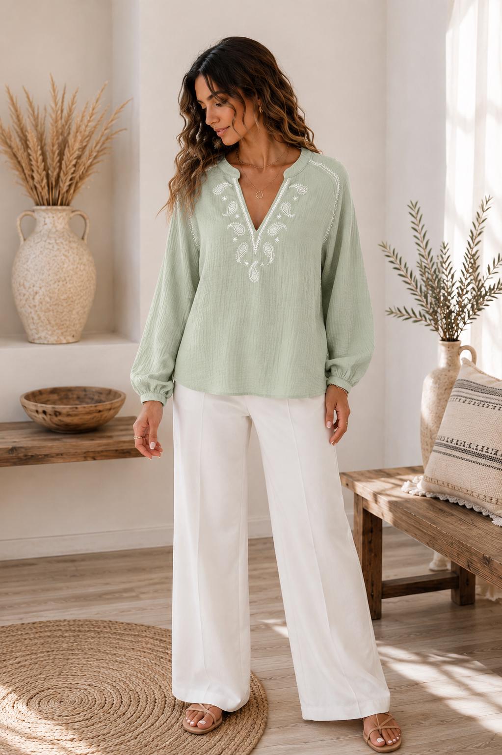 Embroidered Cotton Blouse, Paisley V-Neck, Long Balloon Sleeve Top (Sage)