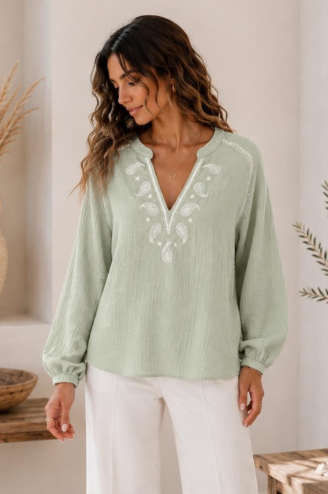 Embroidered Cotton Blouse, Paisley V-Neck, Long Balloon Sleeve Top (Sage)