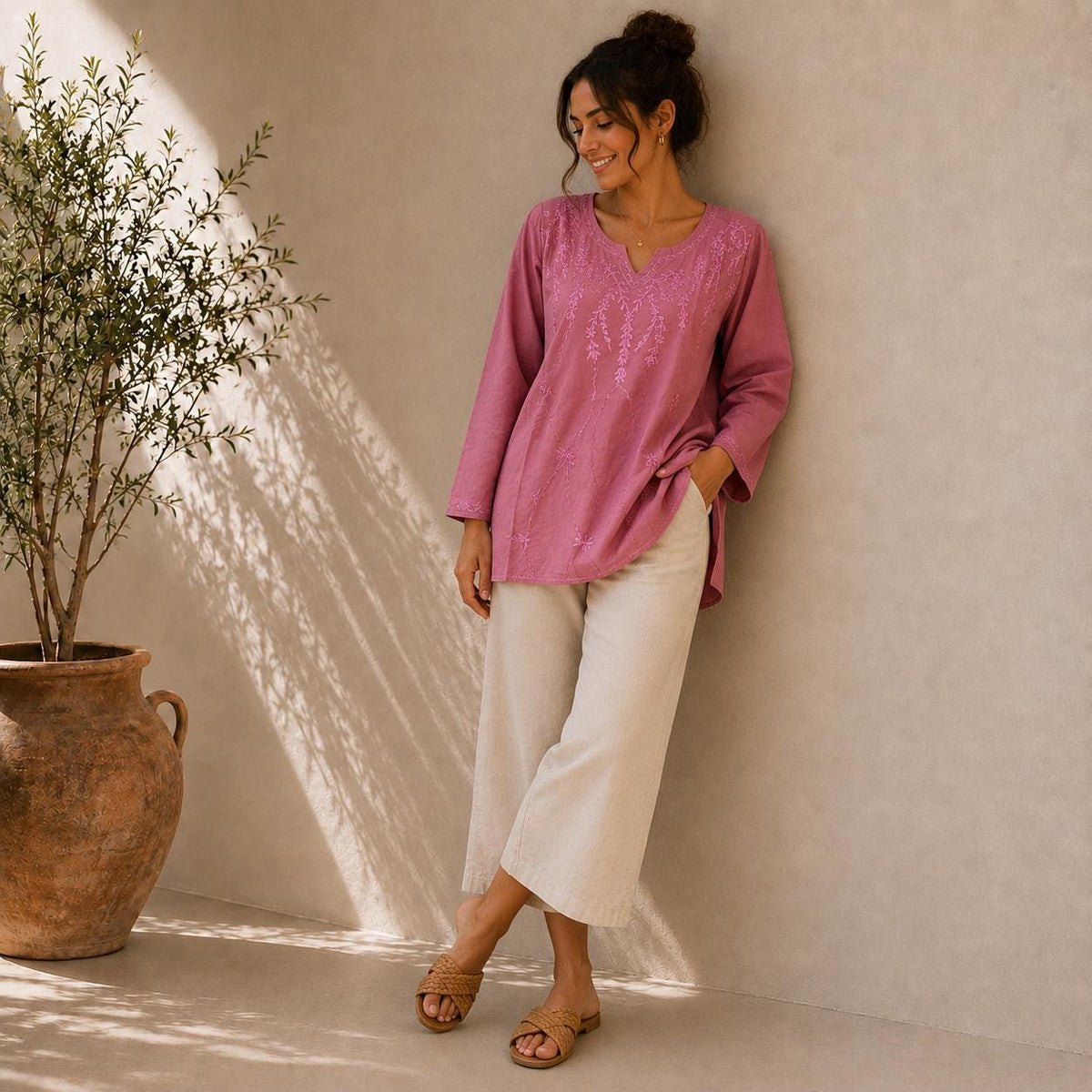 Women's Embroidered Cotton Tunic Top | Casual Boho Blouse | Lightweight Long Sleeve Shirt