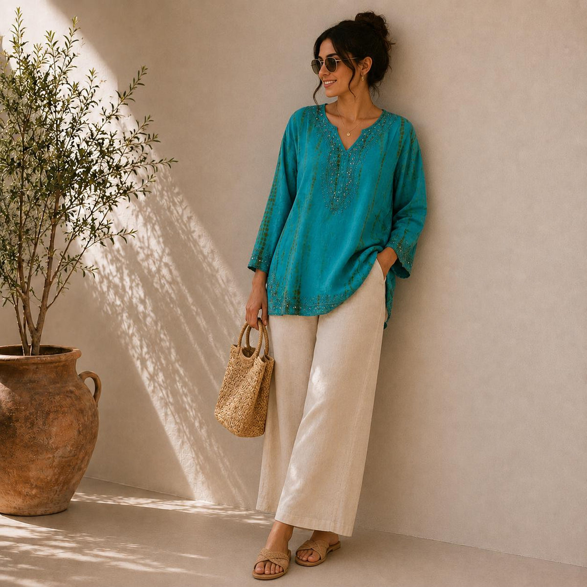 Women's Embroidered Cotton Tunic Top | Casual Boho Blouse | Lightweight Long Sleeve Shirt