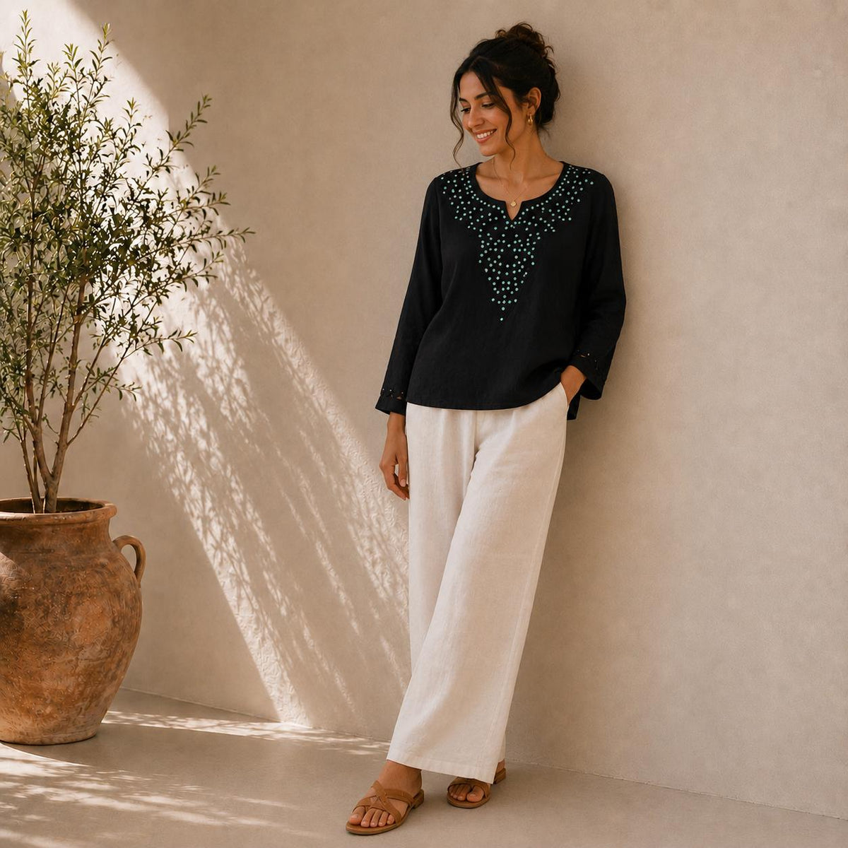 Women's Embroidered Cotton Tunic Top | Casual Boho Blouse | Lightweight Long Sleeve Shirt