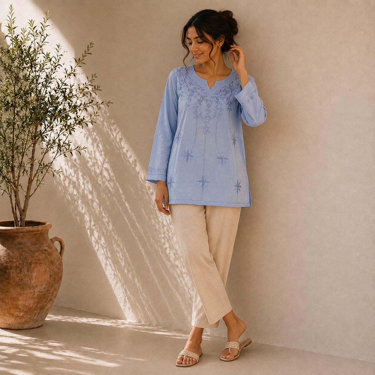 Women's Embroidered Cotton Tunic Top | Casual Boho Blouse | Lightweight Long Sleeve Shirt