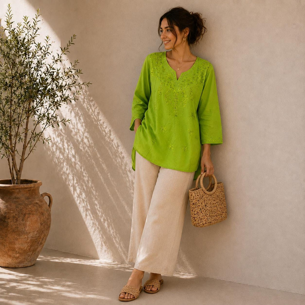 Women's Embroidered Cotton Tunic Top | Casual Boho Blouse | Lightweight Long Sleeve Shirt