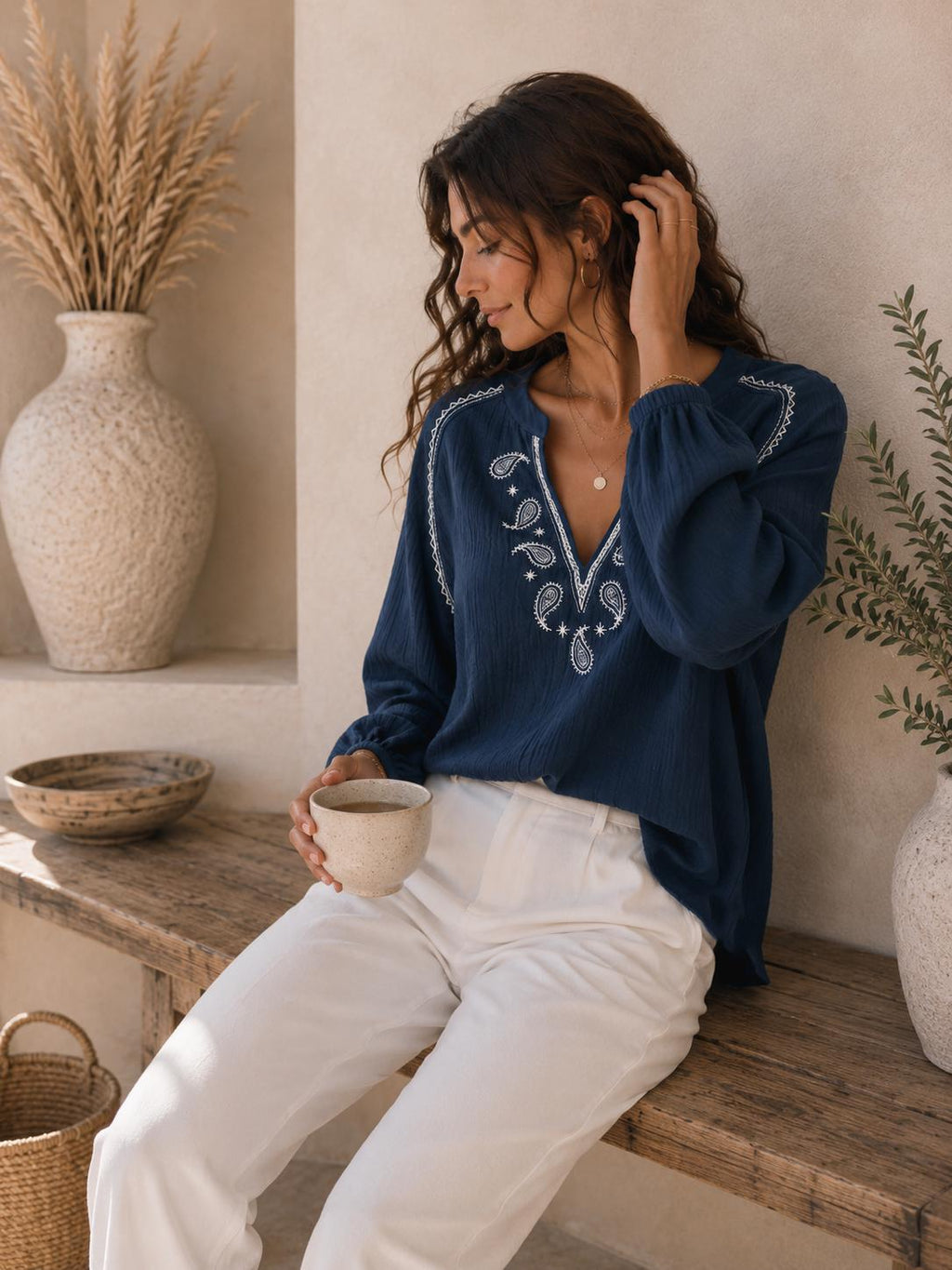 Embroidered Cotton Blouse, Paisley V-Neck, Long Balloon Sleeve Top (Sage)