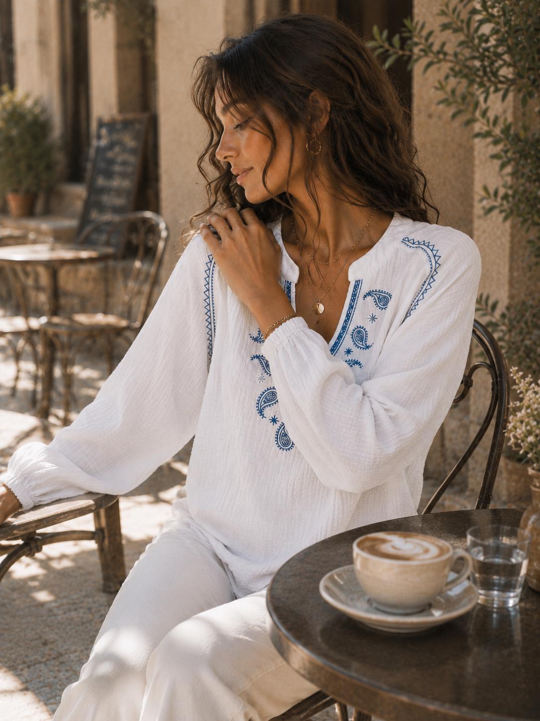 Embroidered Cotton Blouse, Paisley V-Neck, Long Balloon Sleeve Top (Sage)