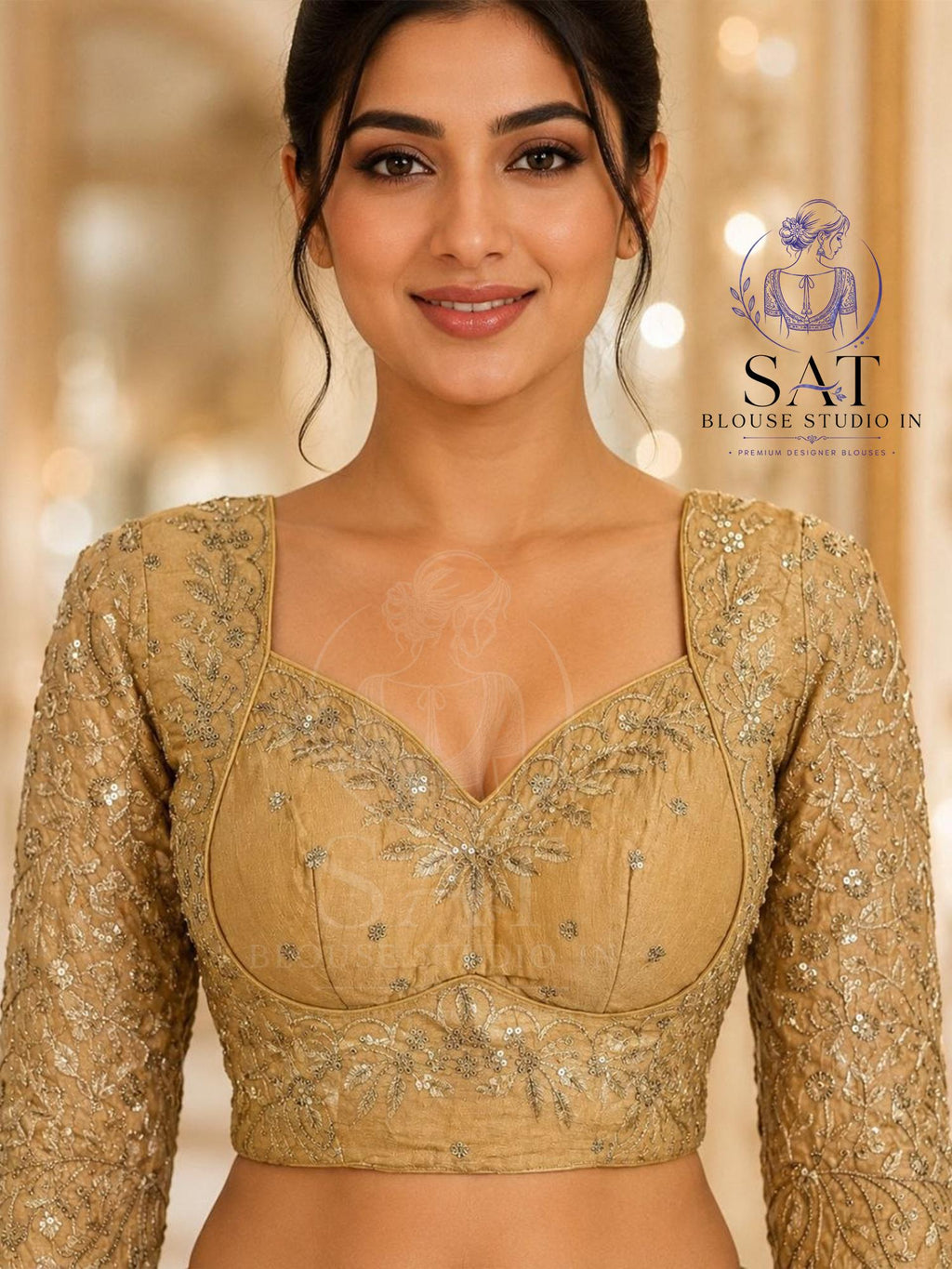 Gold Bridal Embroidered Silk Blouse, Heavy Zari Sequin Work Blouse, Wedding Saree Blouse, Padded Back Open Blouse, Party Wear